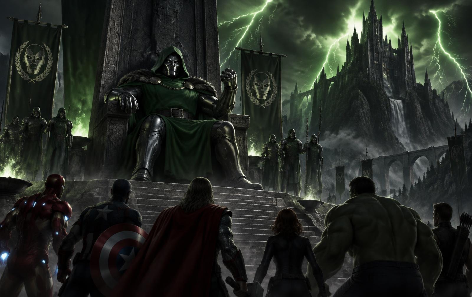 Doctor Doom en su trono frente a los Avengers